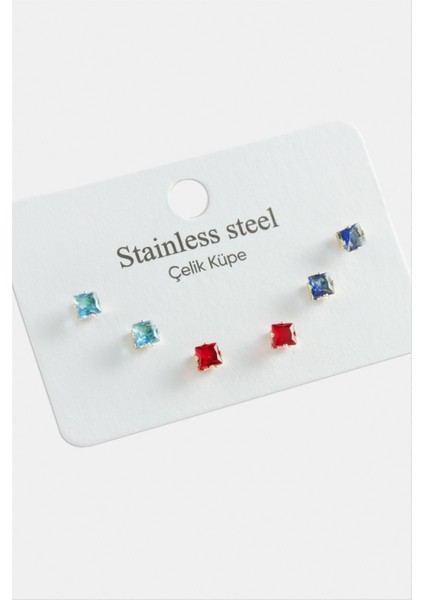 6 Adet Kare Zirkon Tek Taşlı Çelik Küpe