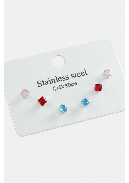 6 Adet Kare Zirkon Tek Taşlı Çelik Küpe