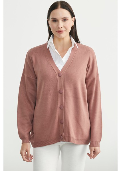 V Yaka Salaş Düğmeli Triko Hırka - Gül Kurusu