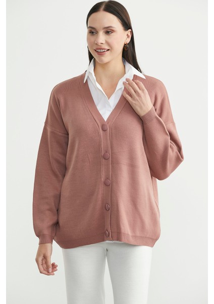 V Yaka Salaş Düğmeli Triko Hırka - Gül Kurusu fiyatları