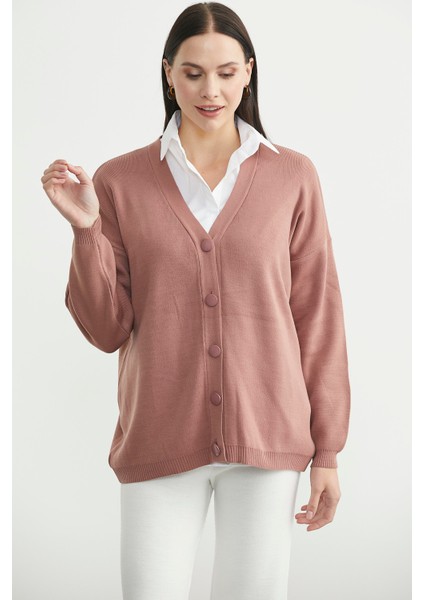 V Yaka Salaş Düğmeli Triko Hırka - Gül Kurusu modelleri