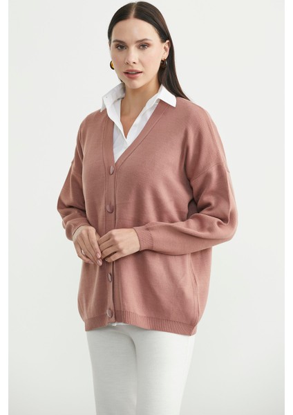 V Yaka Salaş Düğmeli Triko Hırka - Gül Kurusu fırsatları