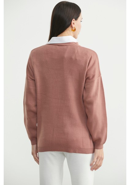 V Yaka Salaş Düğmeli Triko Hırka - Gül Kurusu indirimleri