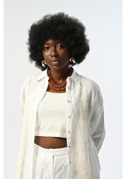 Kadın Nakış Işlemeli Beyaz %100 Keten Gömlek fiyatları