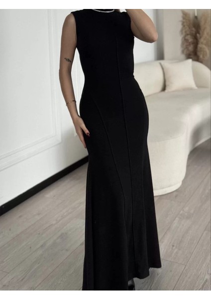 Kolsuz Yarım Bogazlı Uzun Elbise- Siyah fiyatları