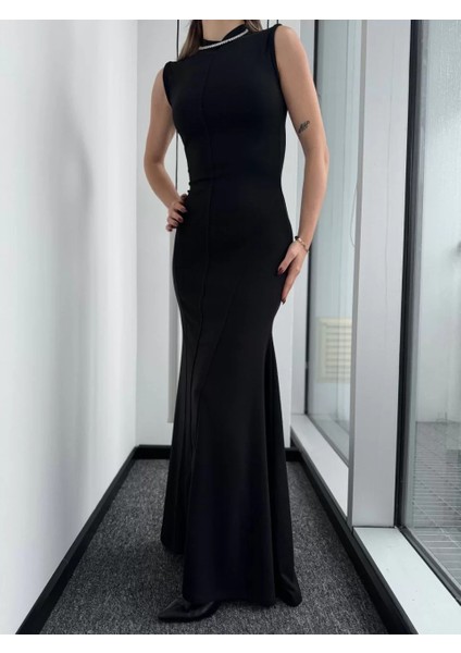 Kolsuz Yarım Bogazlı Uzun Elbise- Siyah modelleri