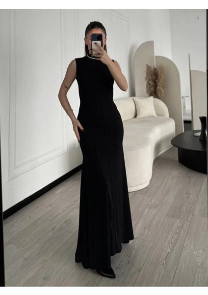 Kolsuz Yarım Bogazlı Uzun Elbise- Siyah indirimleri