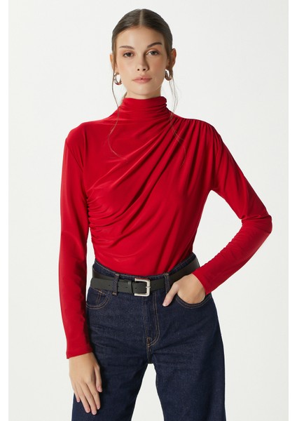 Kadın Moon Büzgülü Kırmızı Sandy Bluz