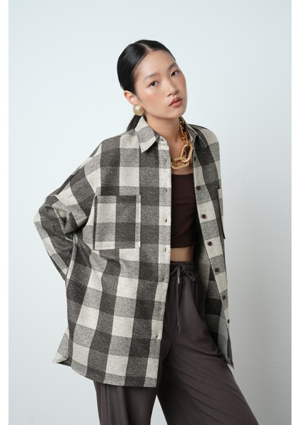 Kadın Kare Desenli Çift Cepli Oversize Kesim Gömlek fiyatları