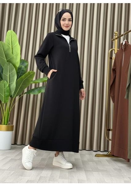 Fermuar Detaylı Cepli Spor Uzun Örme Tesettür Elbise modelleri