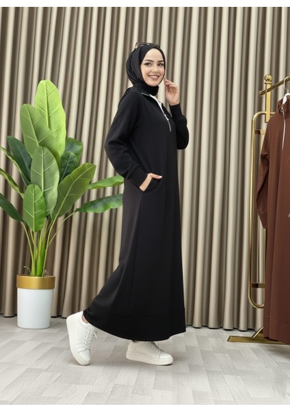 Fermuar Detaylı Cepli Spor Uzun Örme Tesettür Elbise indirimleri