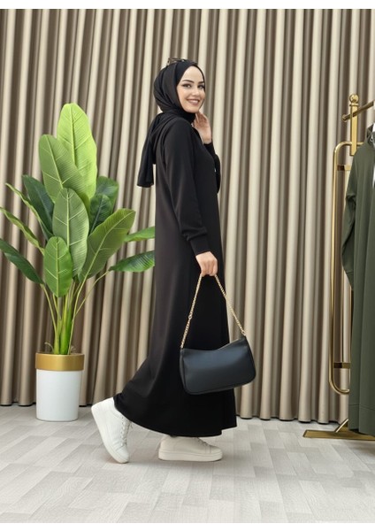 Fermuar Detaylı Cepli Spor Uzun Örme Tesettür Elbise