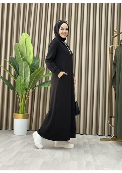 Fermuar Detaylı Cepli Spor Uzun Örme Tesettür Elbise