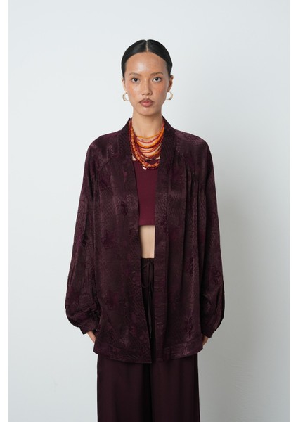 Kadın Bordo Çiçek Desenli Oversize Tesettür Kimono