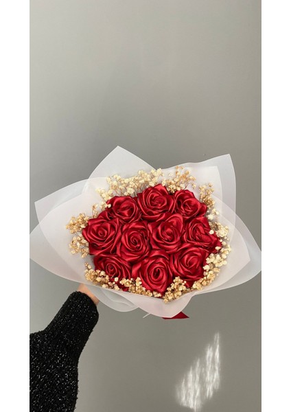 10'lu Kırmızı Cipsolu Solmayan Saten Gül Buketi, Öğretmene Hediye fiyatları