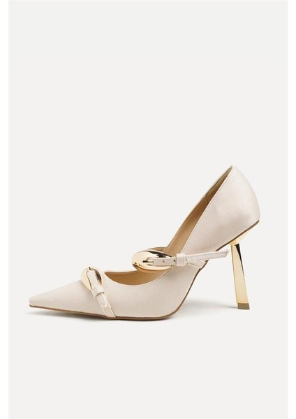 255015 Metal Tokalı Stiletto Bej Saten