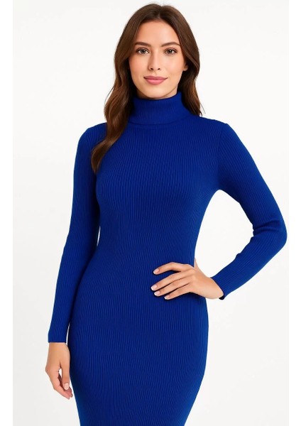 Kadın Boğazlı Triko Elbise – Uzun Fitilli Esnek Dokuma, Tam Kalıp, Kışlık & Baharlık Şık Rahat Stil, 130 cm Midi Boy Elbise - Saks Mavisi