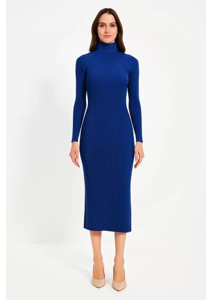 Kadın Boğazlı Triko Elbise – Uzun Fitilli Esnek Dokuma, Tam Kalıp, Kışlık & Baharlık Şık Rahat Stil, 130 cm Midi Boy Elbise - Saks Mavisi modelleri