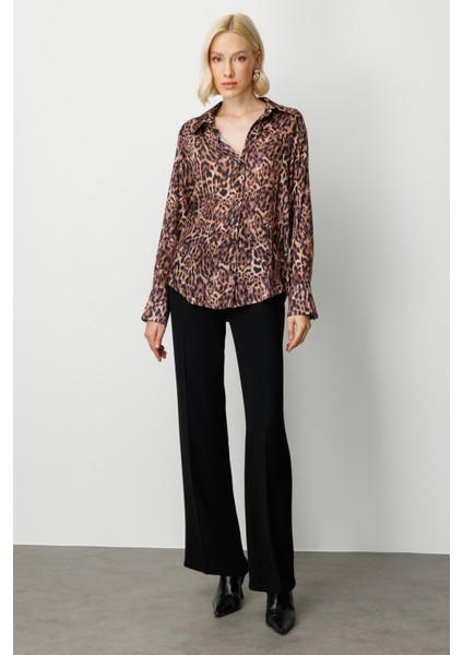 Kadın Çizgili Saten Gömlek 64300 Leopar modelleri