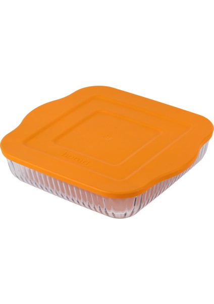 Turuncu Plastik Kapaklı Optik Desenli Büyük Kare Cam Tepsi
