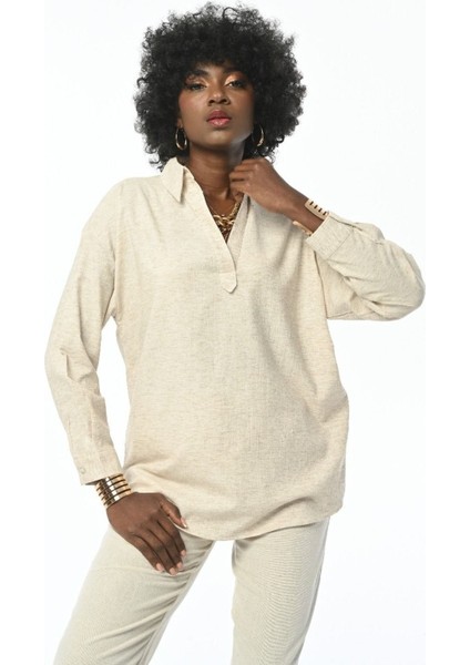 Kadın Rahat Kalıp Natur Renk Gömlek