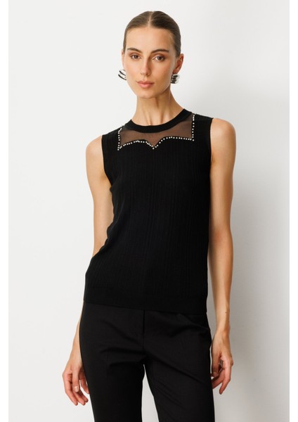 Kadın Yakası Boncuklu Triko Bluz 60361 Siyah