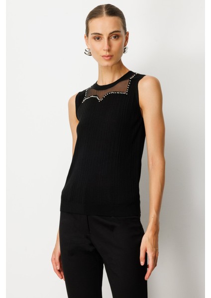 Kadın Yakası Boncuklu Triko Bluz 60361 Siyah fiyatları