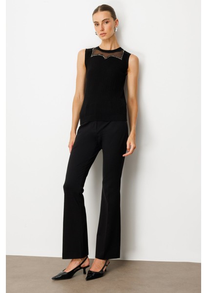 Kadın Yakası Boncuklu Triko Bluz 60361 Siyah modelleri