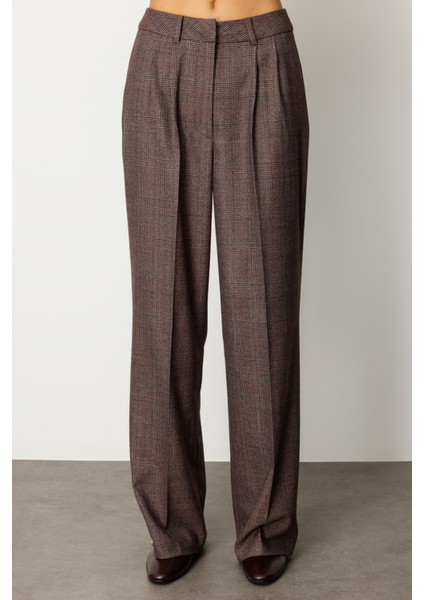 Kadın Ekoseli Bol Paça Pantolon 5167 Bordo modelleri