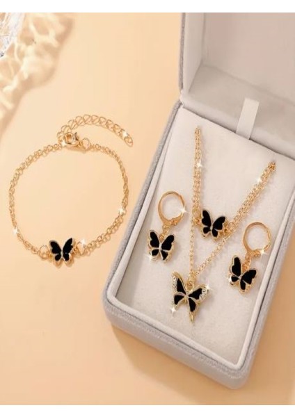 4 Parça Taşlı Kelebek Takı Seti Siyah
