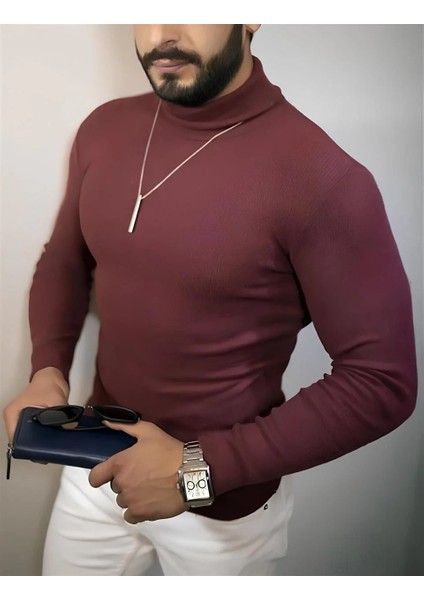 Erkek Tam Boğazlı Fitilli Kaşkorse Triko – Likralı, Extra Dar Kesim Slimfit, Yumuşak Kaşmir Dokulu Model - Bordo