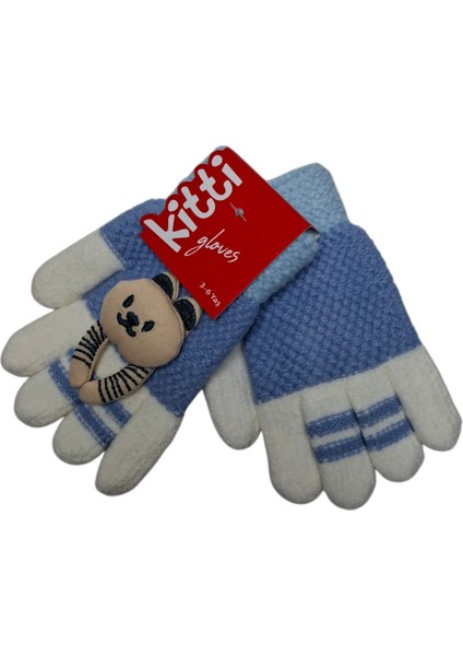 Spteks Kitti 3-6 Yaş Erkek Çocuk Bebe Mavisi Renk Anaokulu Maskot Figürlü Kışlık Örme Eldiven