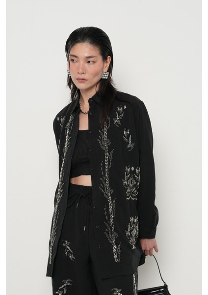 Kadın Önü Boncuk ve Taş Işlemeli Oversize Gömlek fiyatları