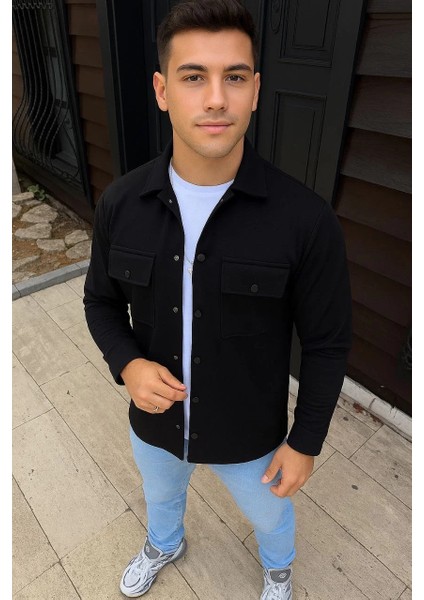 Erkek Diagonal Kumaş Cepli Çıtçıtlı Uzun Kollu, Gömlek Oversize Rahat Kalıp Günlük Şık Stil - Siyah