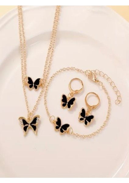 4 Parça Taşlı Kelebek Takı Seti Siyah modelleri