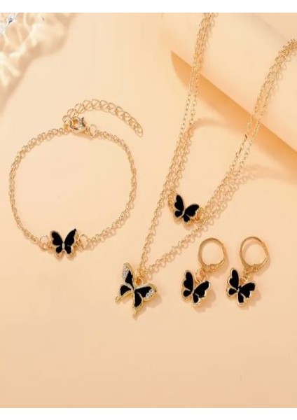4 Parça Taşlı Kelebek Takı Seti Siyah fırsatları