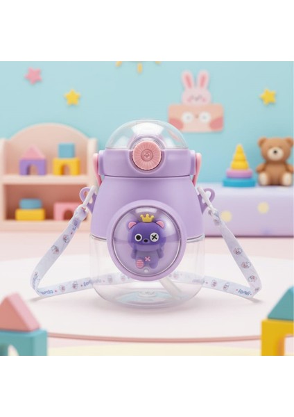 Sevimli Figürlü Pipetli Boyun Askılı Matara Otomatik Kapaklı Çocuk Matarası Okul Matarası 1000 ml