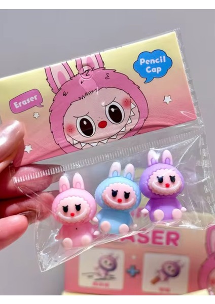 Labubu Hem Kalem Başlığı Hem Silgi Ikisi Bir Arada Silgi ve Kalem Süsü (3’lü Set)