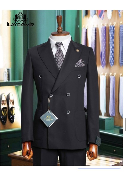 Kruvaze, Kırlangıç Yaka, Slim Fit, Erkek Takım Elbise, Siyah