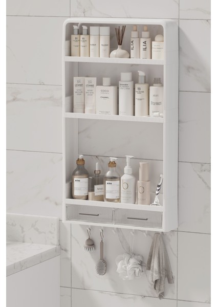 Çok Amaçlı Yapışkanlı Duvar Rafı Organizer 3 Katlı Banyo & Mutfak Rafı 2 Çekmeceli Havluluk Beyaz