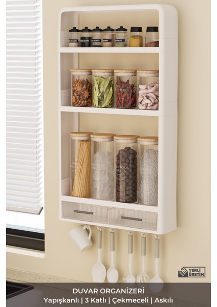 Çok Amaçlı Yapışkanlı Duvar Rafı Organizer 3 Katlı Banyo & Mutfak Rafı 2 Çekmeceli Havluluk Beyaz fırsatları