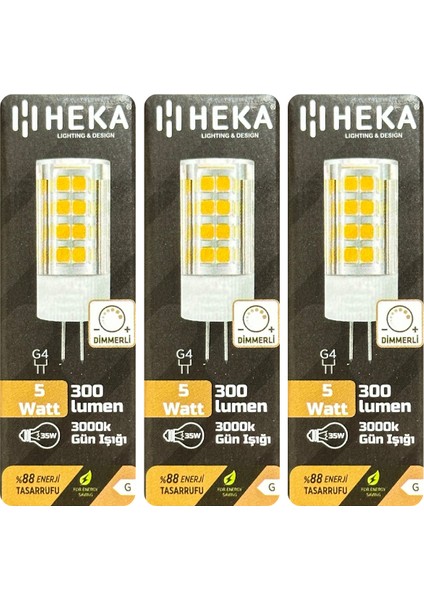 (3 Adet) Heka 5W (35W) 3000K (Sarı Işık) G4 Duylu Dim Edilebilir LED Kapsül Ampul
