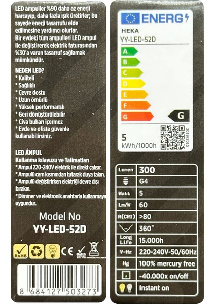 (3 Adet) Heka 5W (35W) 3000K (Sarı Işık) G4 Duylu Dim Edilebilir LED Kapsül Ampul fırsatları