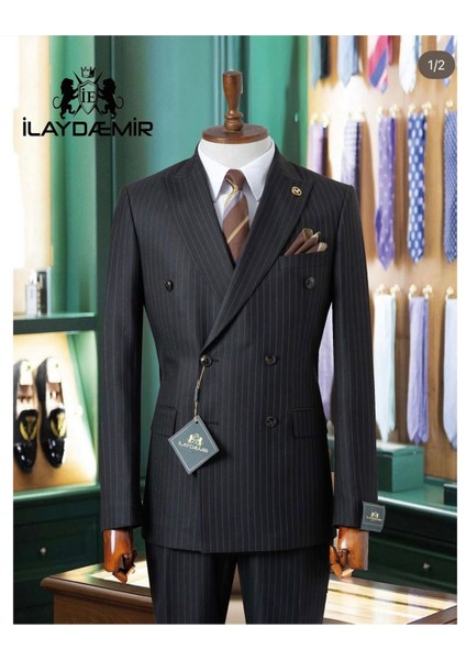 Kırlangıç Yaka, Kruvaze, Çizgili, Erkektakım Elbise, Slim Fit, Siyah