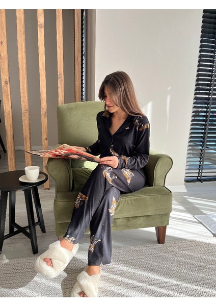 Leopar Siyah Kadın Pijama Takımı modelleri