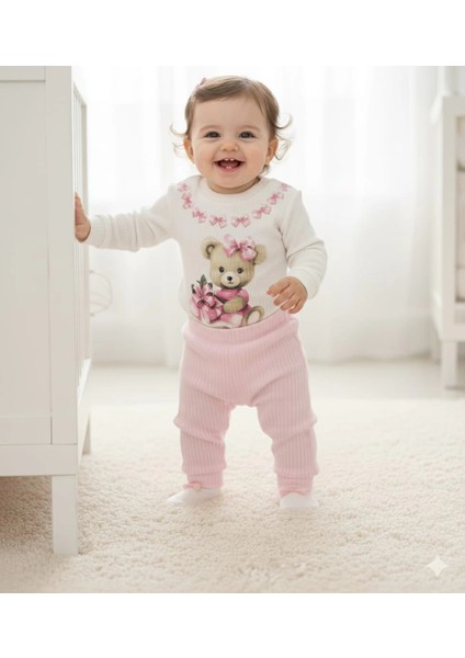 Kız Bebek Ayıcık Baskılı Çıt Çıtlı Alt Üst Ikili Gündelik Takım 6-18 Ay
