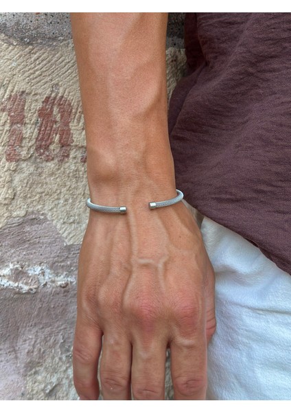 Erkek Örgü Kelepçe Çelik Bileklik - Gümüş Renk