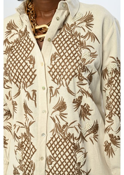 Kadın Kolları ve Nakışlı Boncuklu Oversize Gömlek modelleri