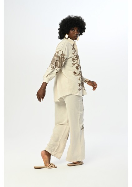 Kadın Kolları ve Nakışlı Boncuklu Oversize Gömlek fırsatları