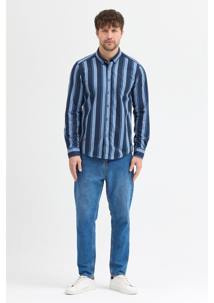 Melanj Çizgili Regular Fit Uzun Kollu Erkek Gömlek Düğmeli Yaka